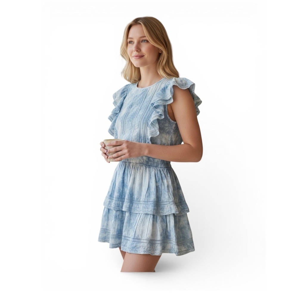 Cottagecore Boho LoveShackFancy Cotton Tie Dye Lace Ruffle Mini‎ Dress Blue XS